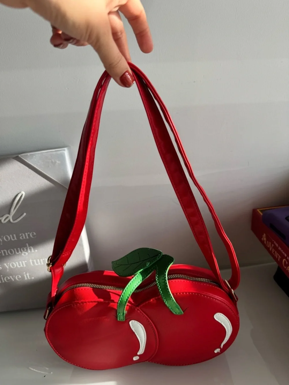 Red Cherry Crossbody Bag with Green Leaf Accent